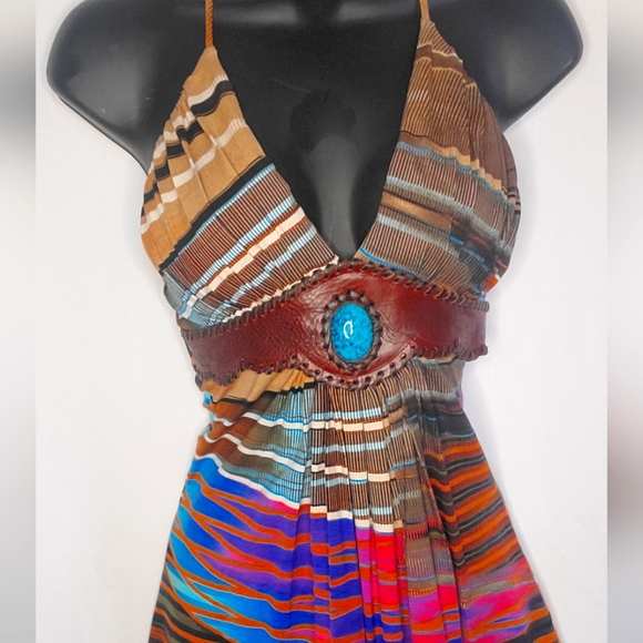 Leather & Torquiose South Western Tribal Halter Top - Picture 4 of 6